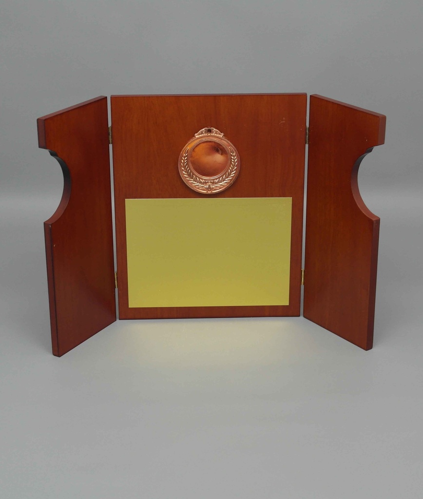 wooden trophy with medal